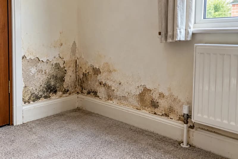 Damp-stained, peeling wall above a skirting board