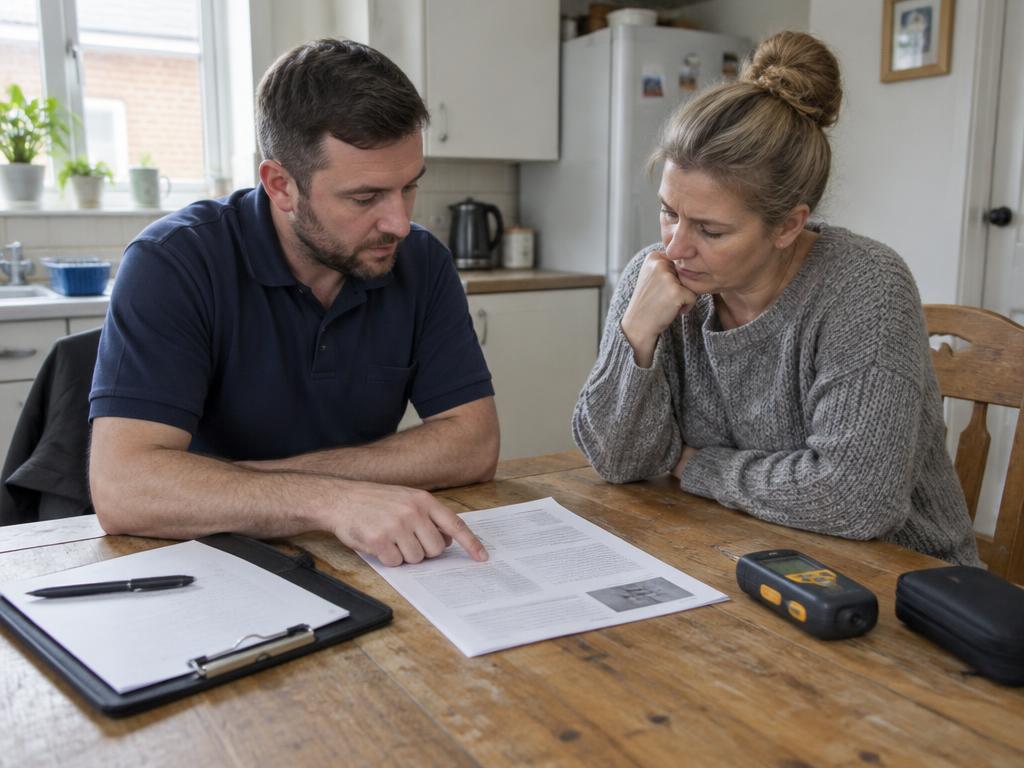 Illustrative surveyor talking a homeowner through a written report