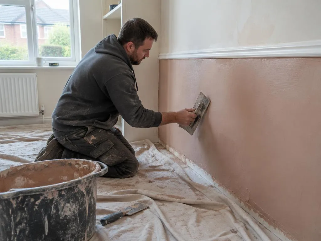 Craftsperson replastering a treated wall