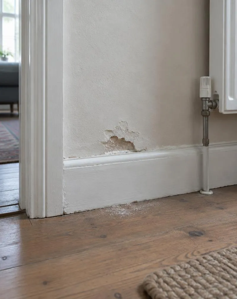 Crumbling plaster at the base of a wall