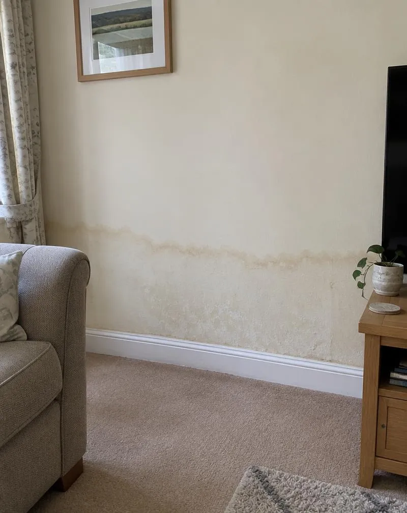 Brown tide mark across a lower interior wall