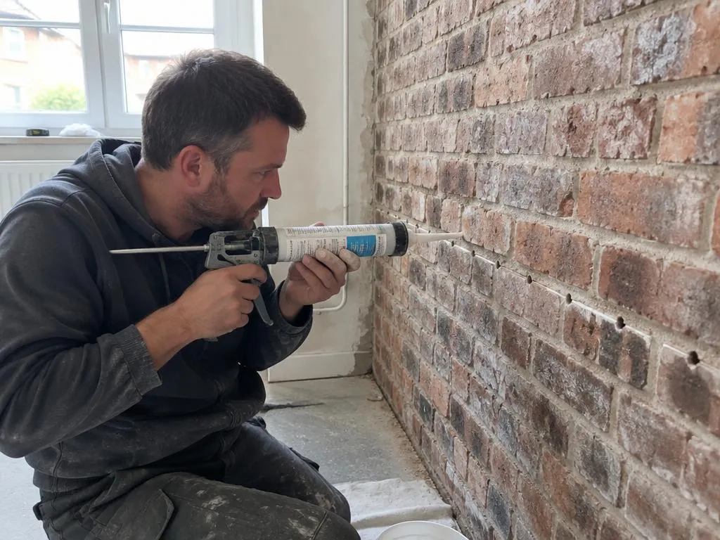 Technician injecting damp proofing cream into brickwork
